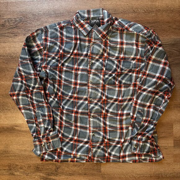Super Massive Casual Button Down Mens Small Gray Plaid Trippy Flannel Shirt - Picture 1 of 5